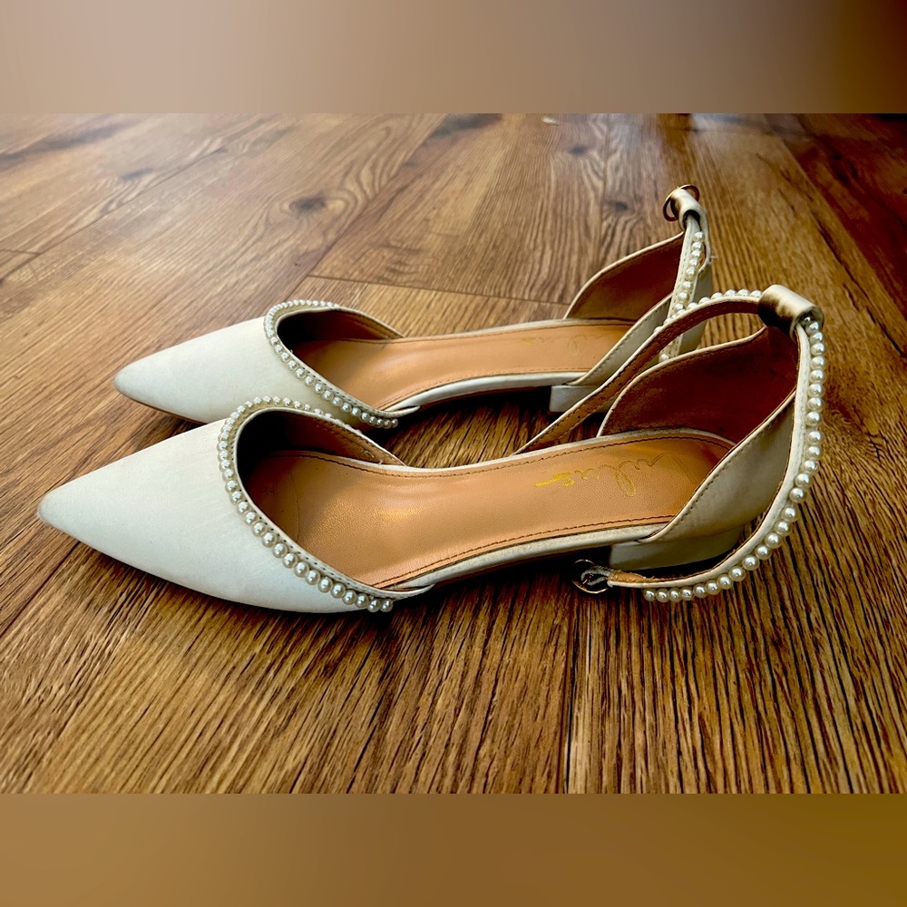 White satin lulus pearl ankle strap flats